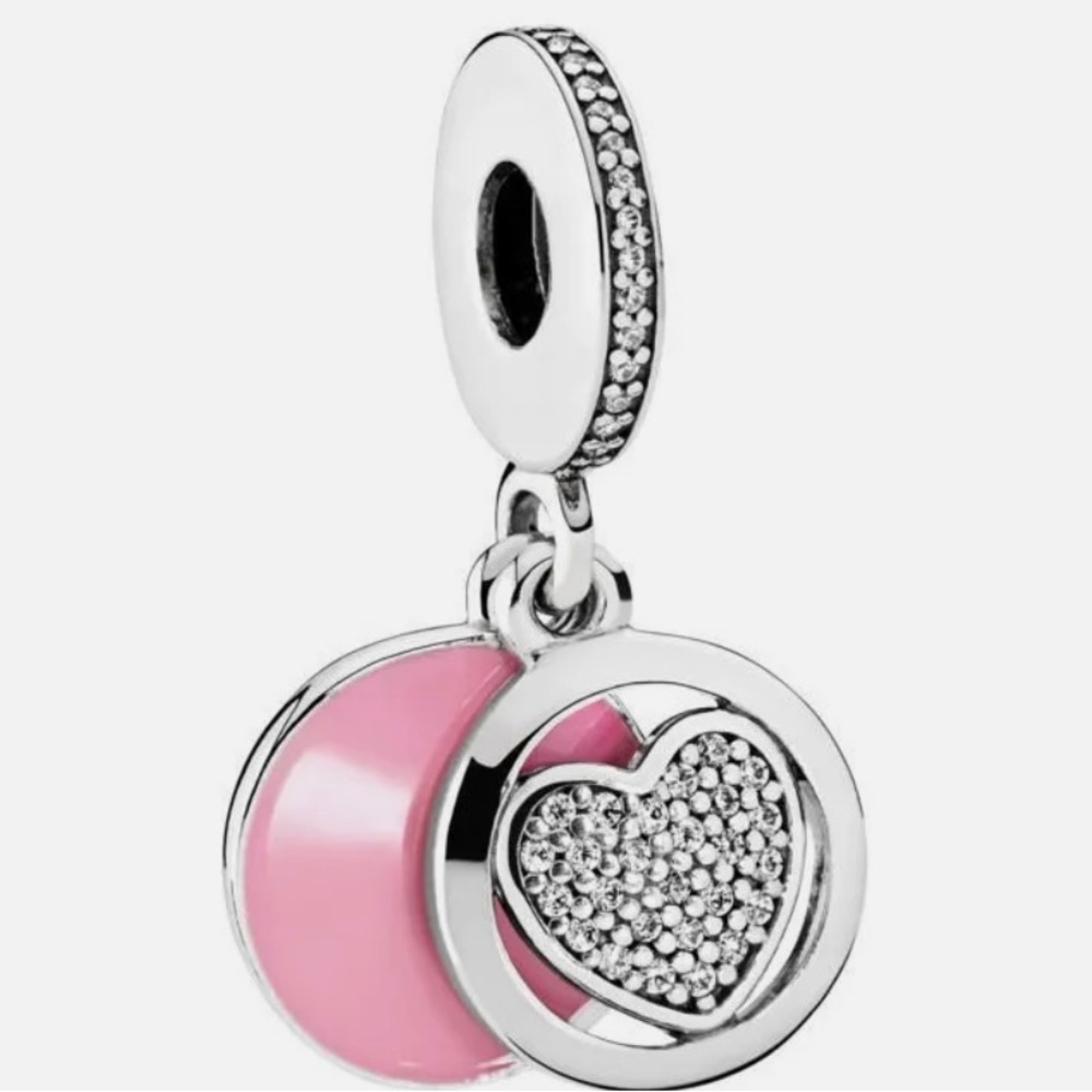 Retired Rare Pandora Devoted Heart Dangle Bead Charm Pink Enamel & Clear CZ